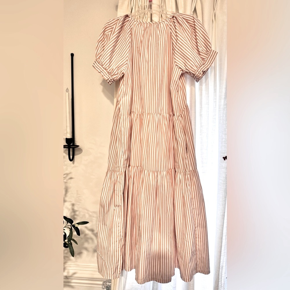 Women's Pink and White Striped Maxi Dress - Puff Sleeve Tiered Design